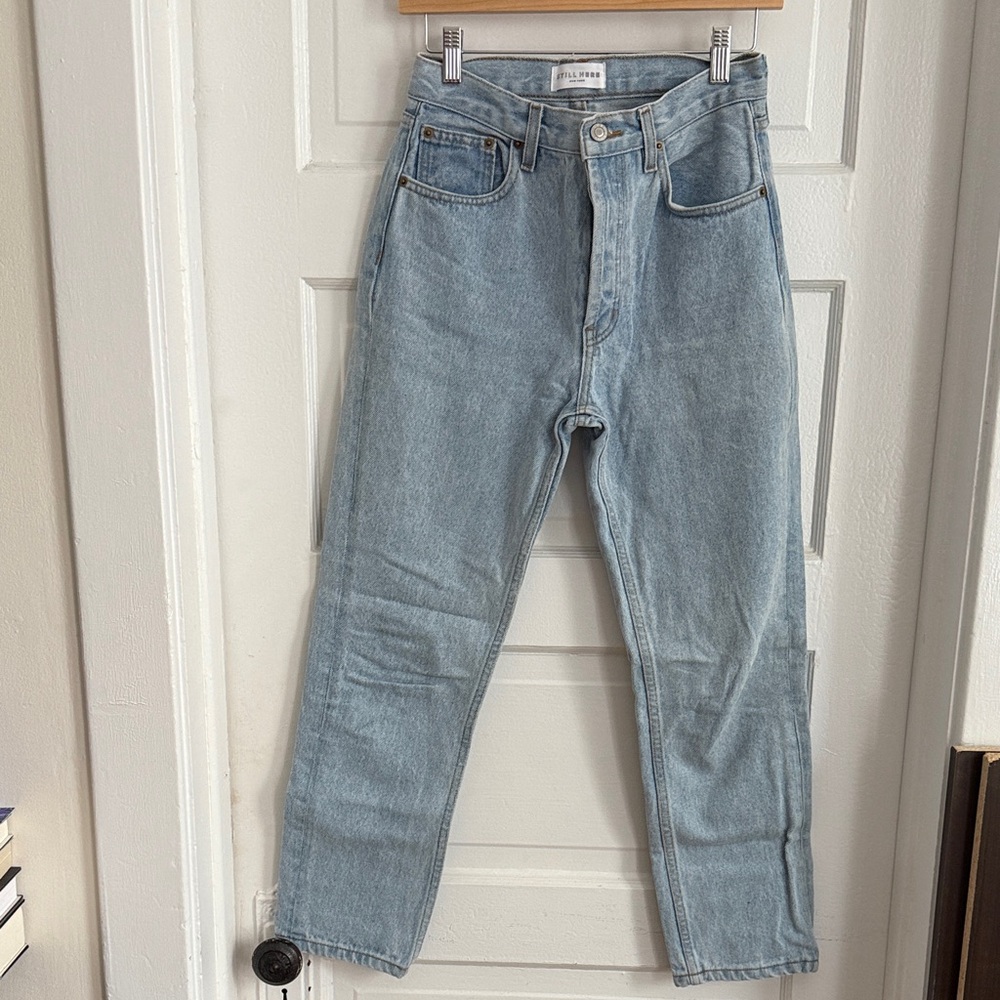 Still Here Light Blue Straight Jeans with red embroidered stripe